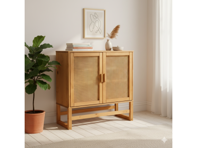 Aparador balcão buffet com duas portas de madeira com palhinha indiana rattan / Coleção Acapulco